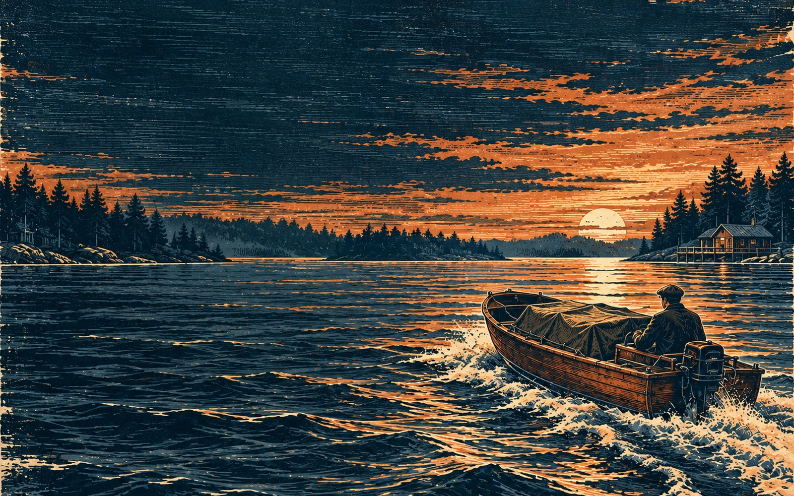 A river runner in a wooden boat at a copper sunset, from The River Run cover artwork