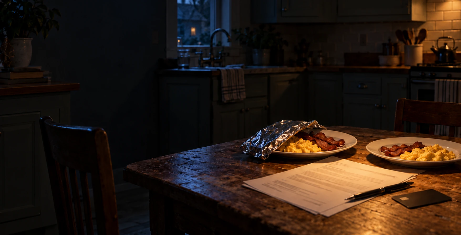 Two plates and an unfinished document on a dark kitchen table, from The Good Father cover artwork